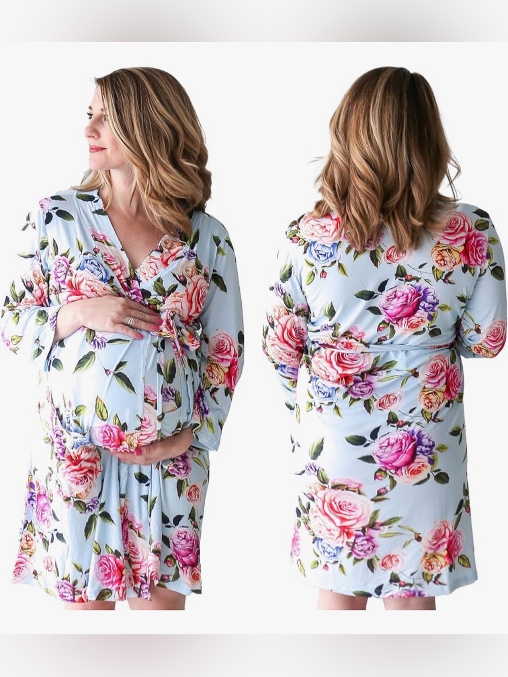 Posh Peanut maternity robe country rose print stretch viscose XL blue pink flora - Picture 2 of 7